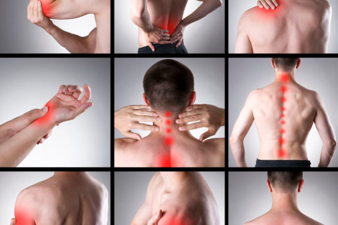 Pain in a man's body on a gray background. Collage of several photos with red dots